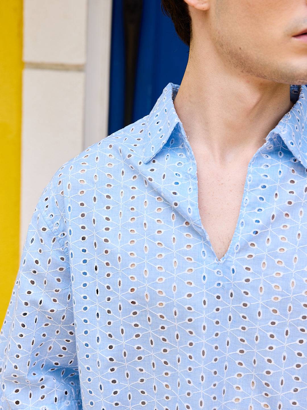 Modish Maya Blue Schiffli Oversized Polo Shirt Buy only at ₹524