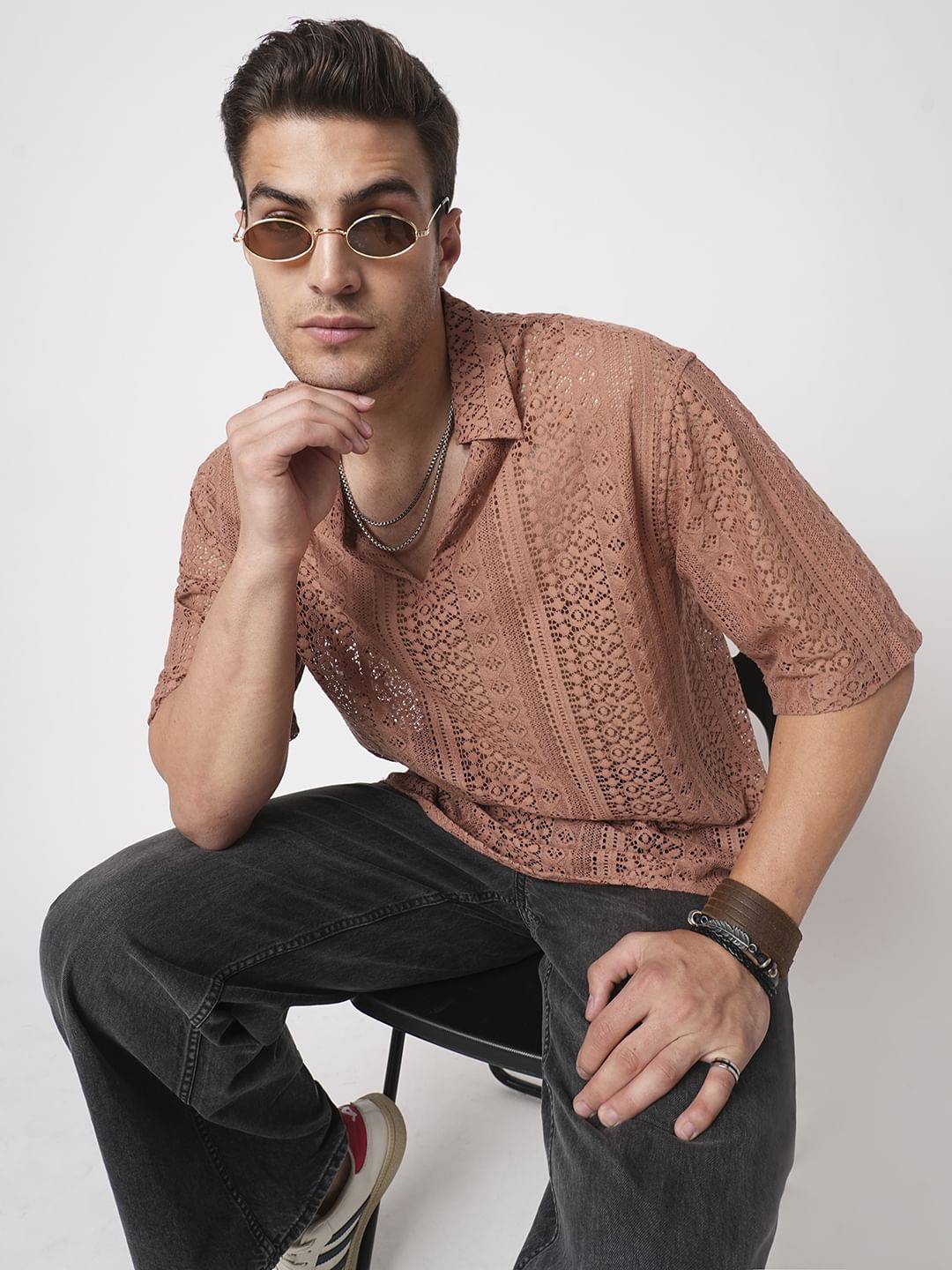 Georgia Peach Crochet Oversized Polo Shirt Buy only at ₹524