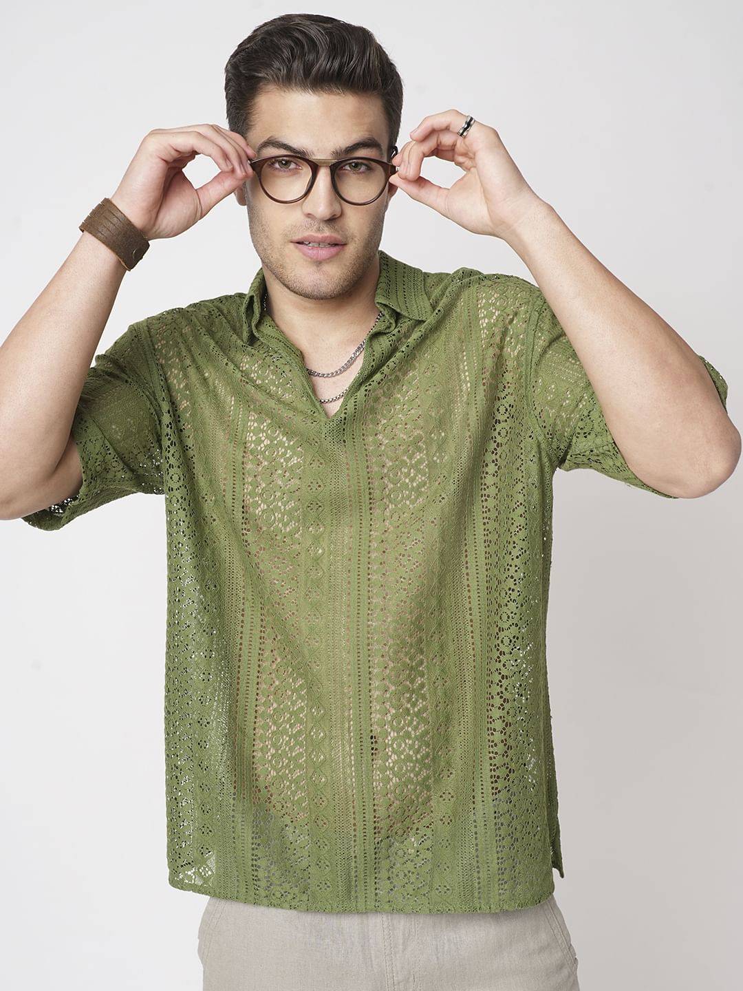 Moss Green Crochet Oversized Polo Shirt Buy only at ₹524