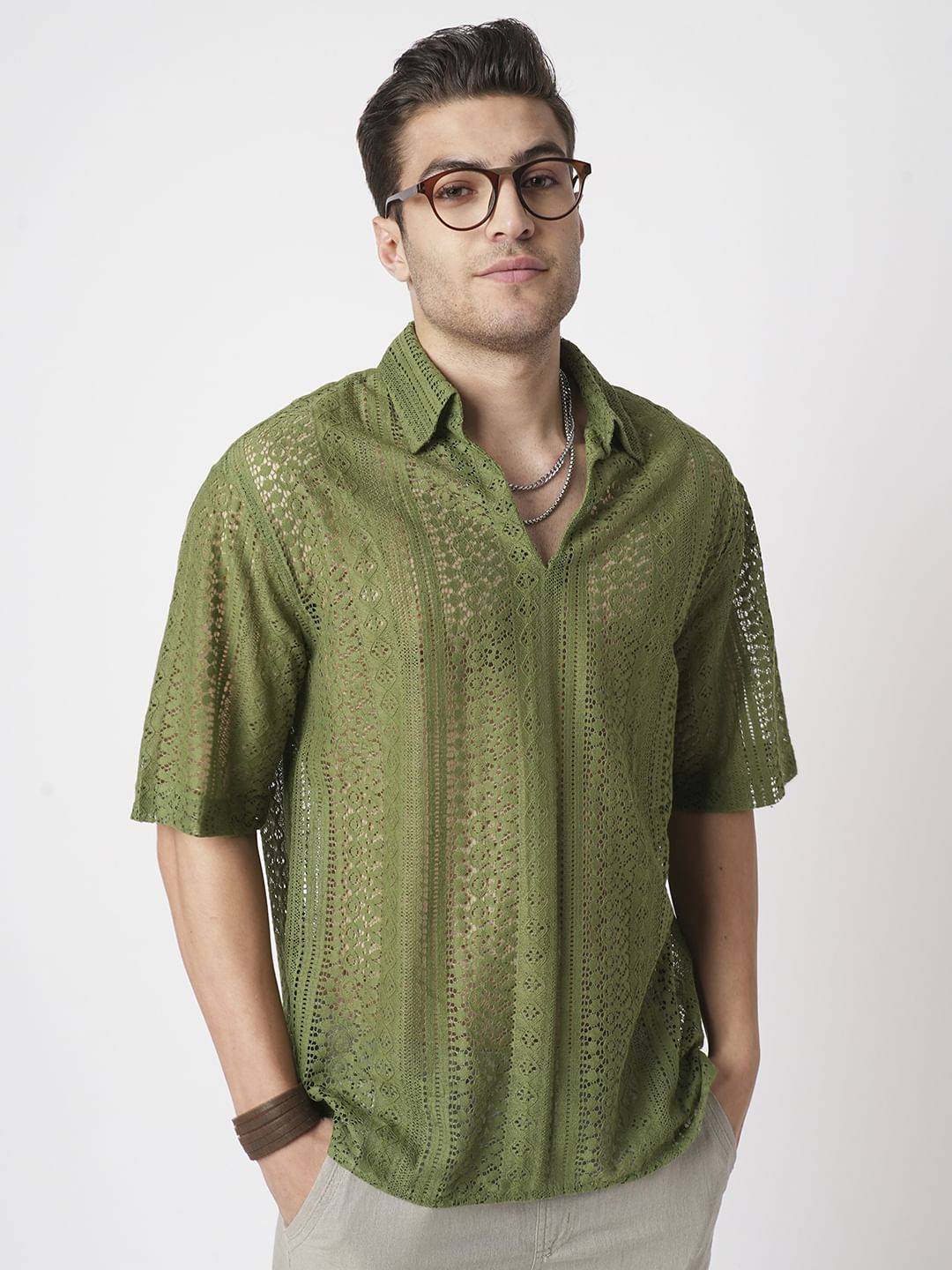 Moss Green Crochet Oversized Polo Shirt Buy only at ₹524
