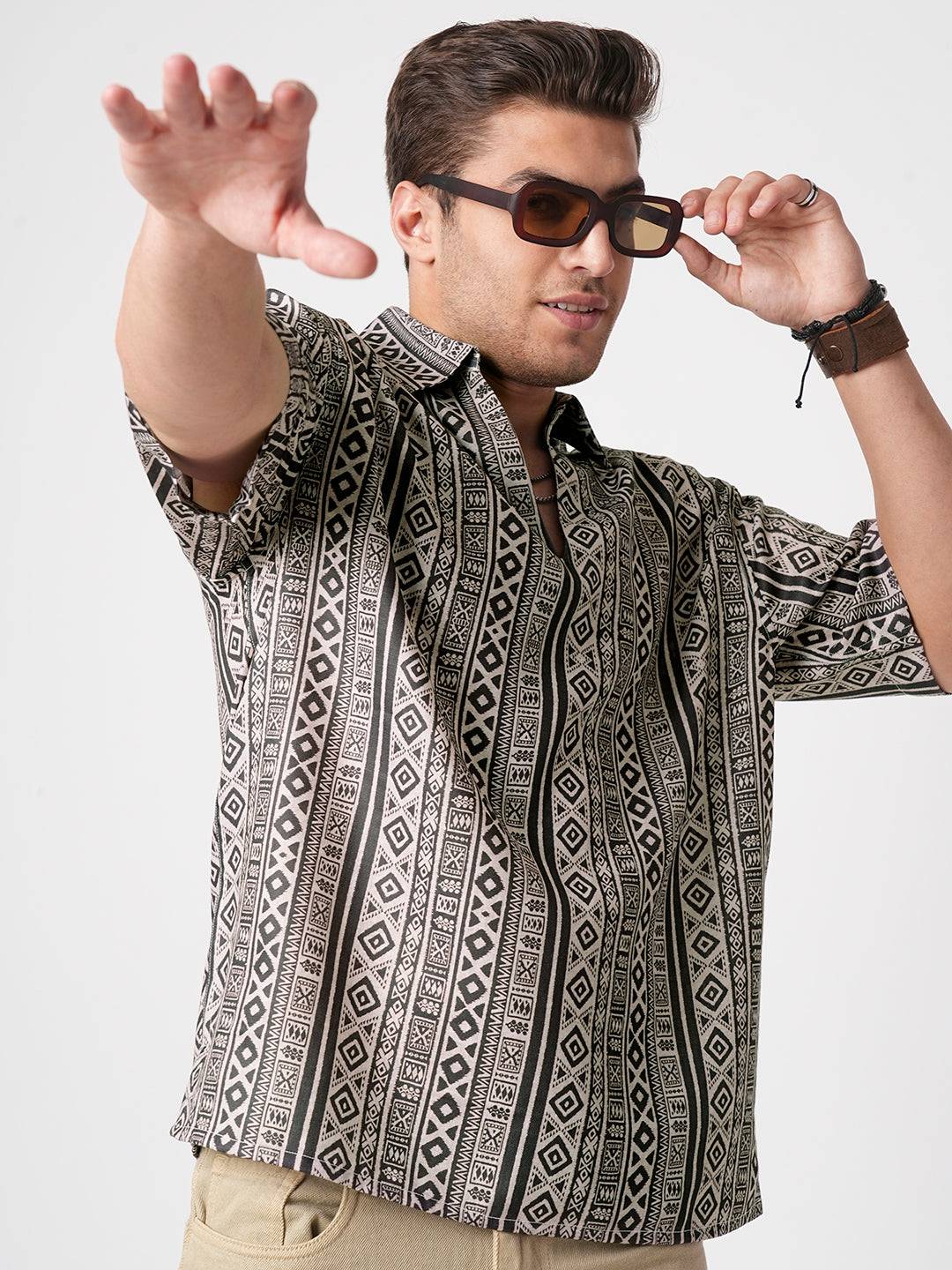 Brown Tribal Print Oversized Polo Shirt Buy only at ₹494