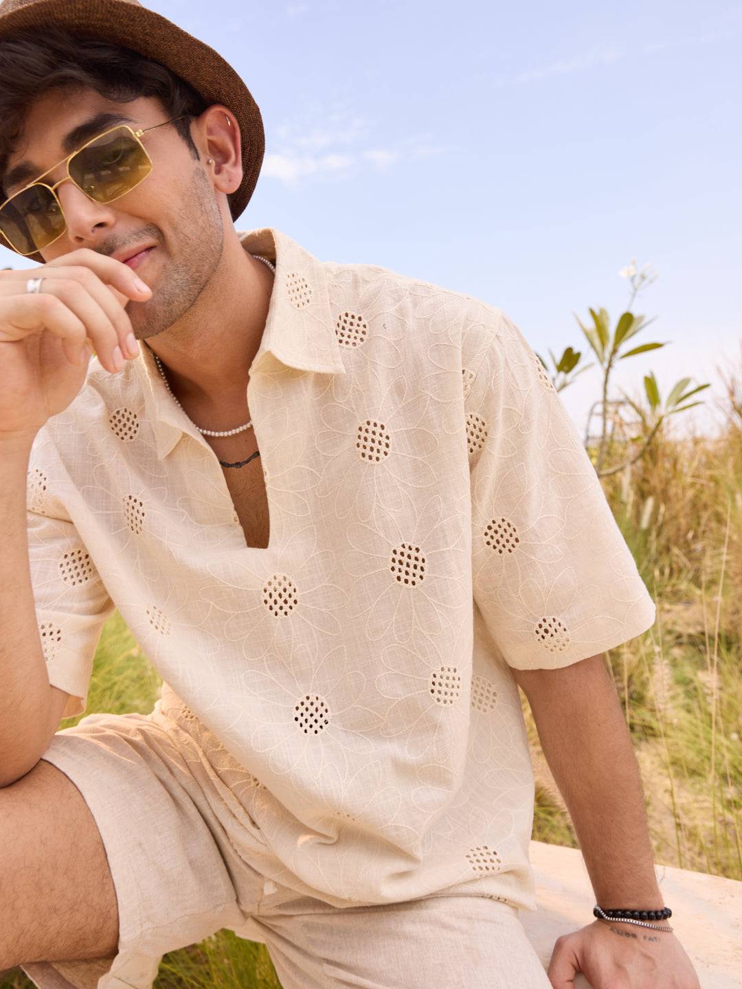 Beige Floral Embroidered Oversized Polo Shirt Buy only at ₹799