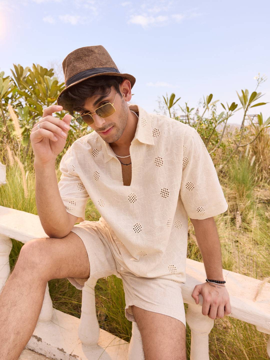 Beige Floral Embroidered Oversized Polo Shirt Buy only at ₹799