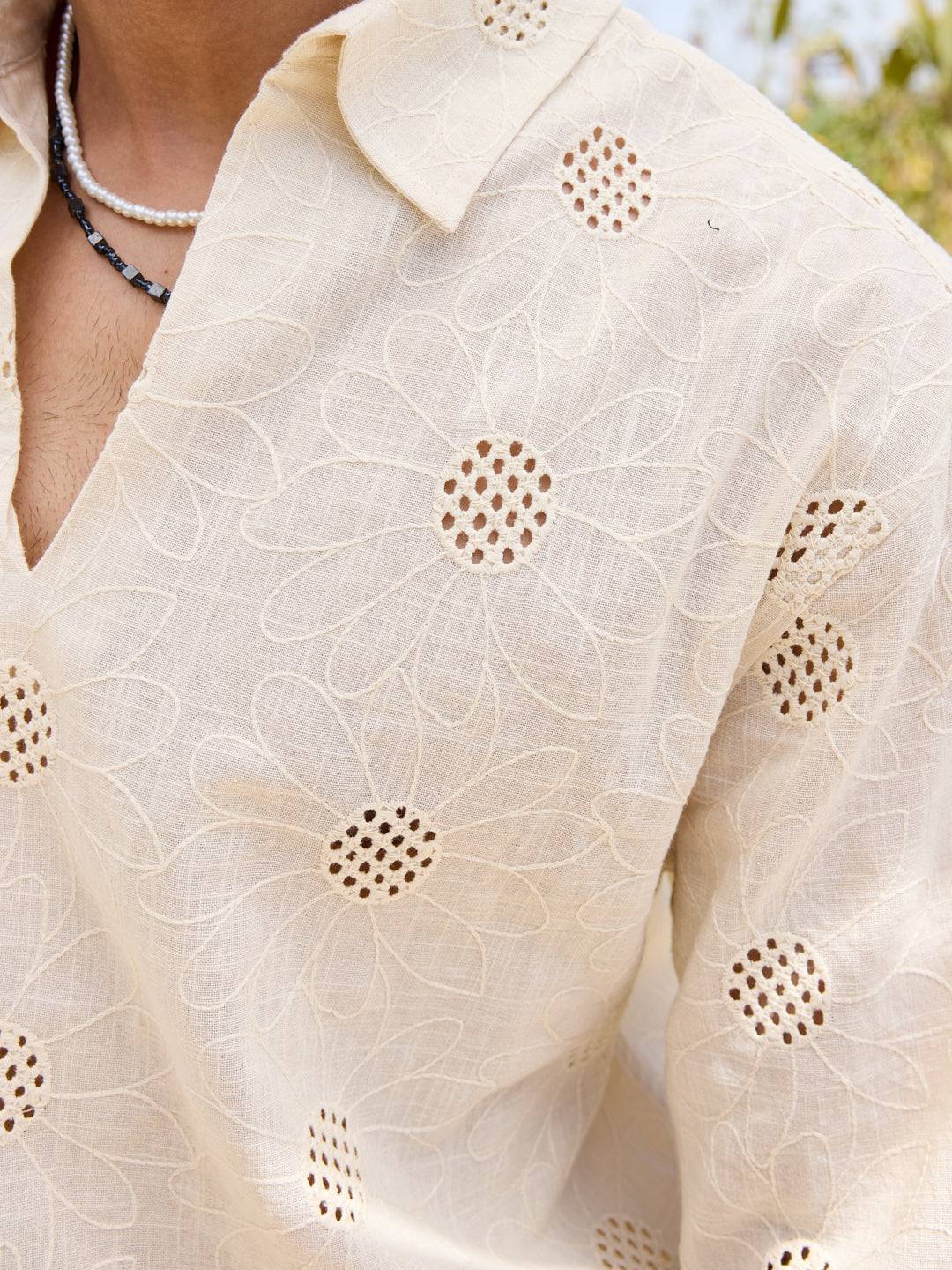 Beige Floral Embroidered Oversized Polo Shirt Buy only at ₹799