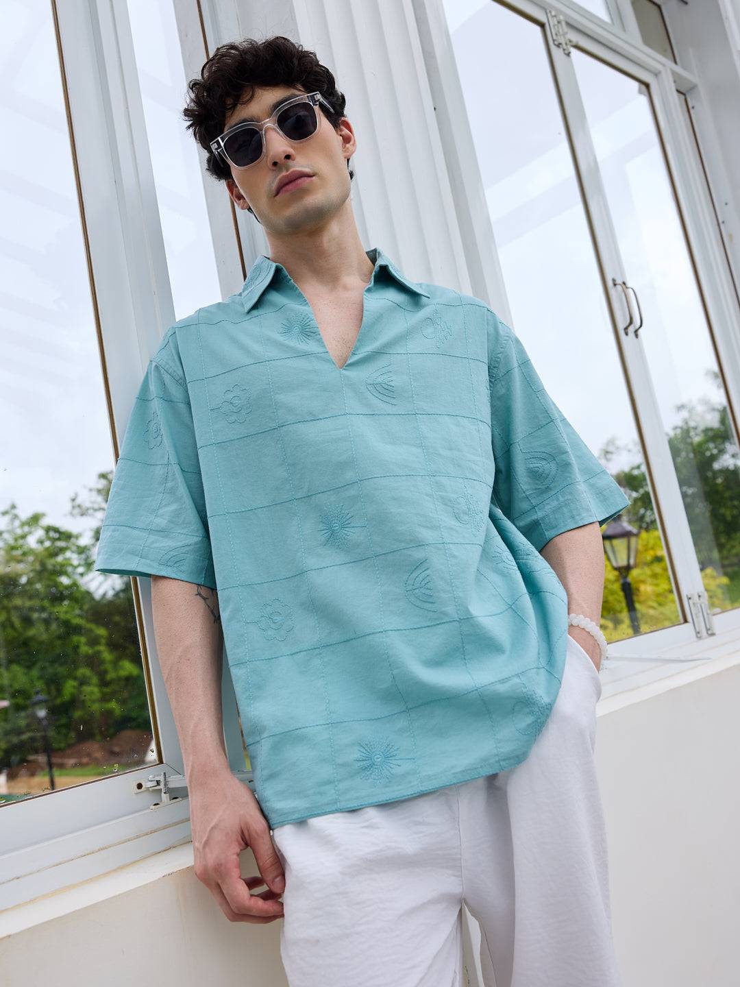 Aqua Blue Artisan Embroidery Oversized Polo Shirt Buy only at ₹759