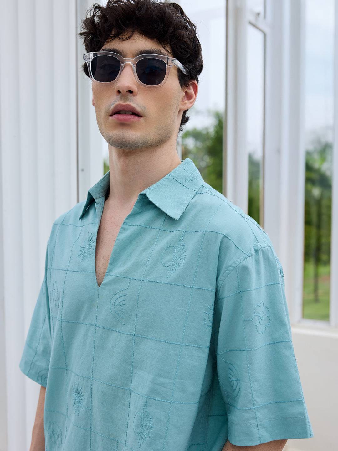 Aqua Blue Artisan Embroidery Oversized Polo Shirt Buy only at ₹759