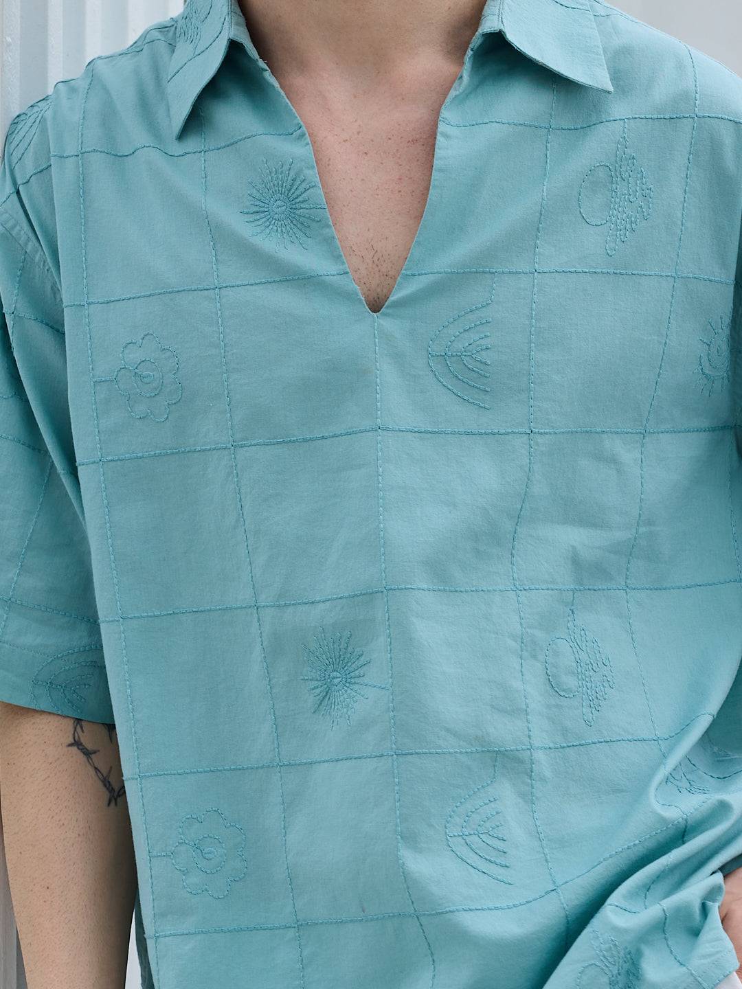 Aqua Blue Artisan Embroidery Oversized Polo Shirt Buy only at ₹759