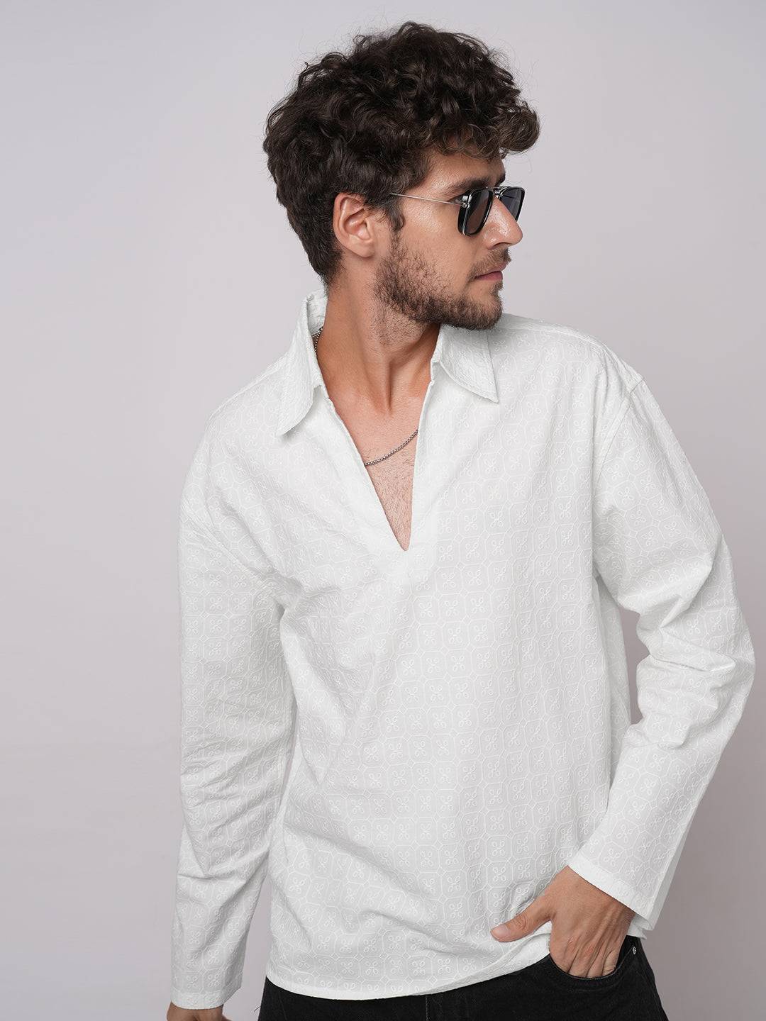 White Petal Grid Embroidered Oversized Polo Neck Shirt Buy only at ₹899