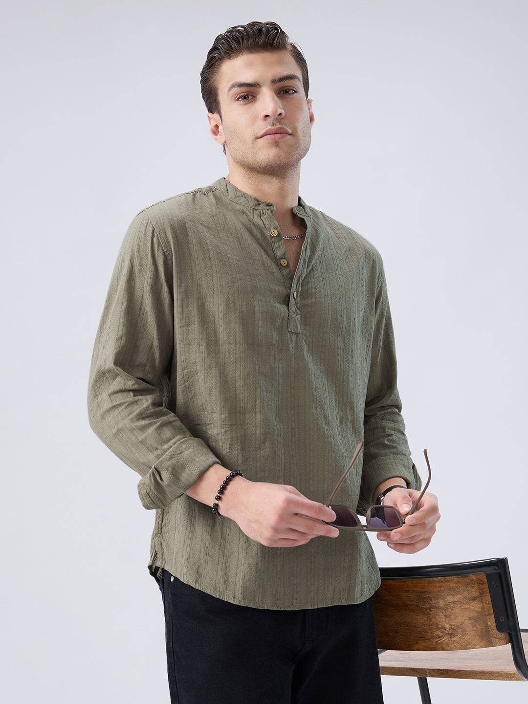 Olive Weave Detail Striped Kurta Buy only at ₹699