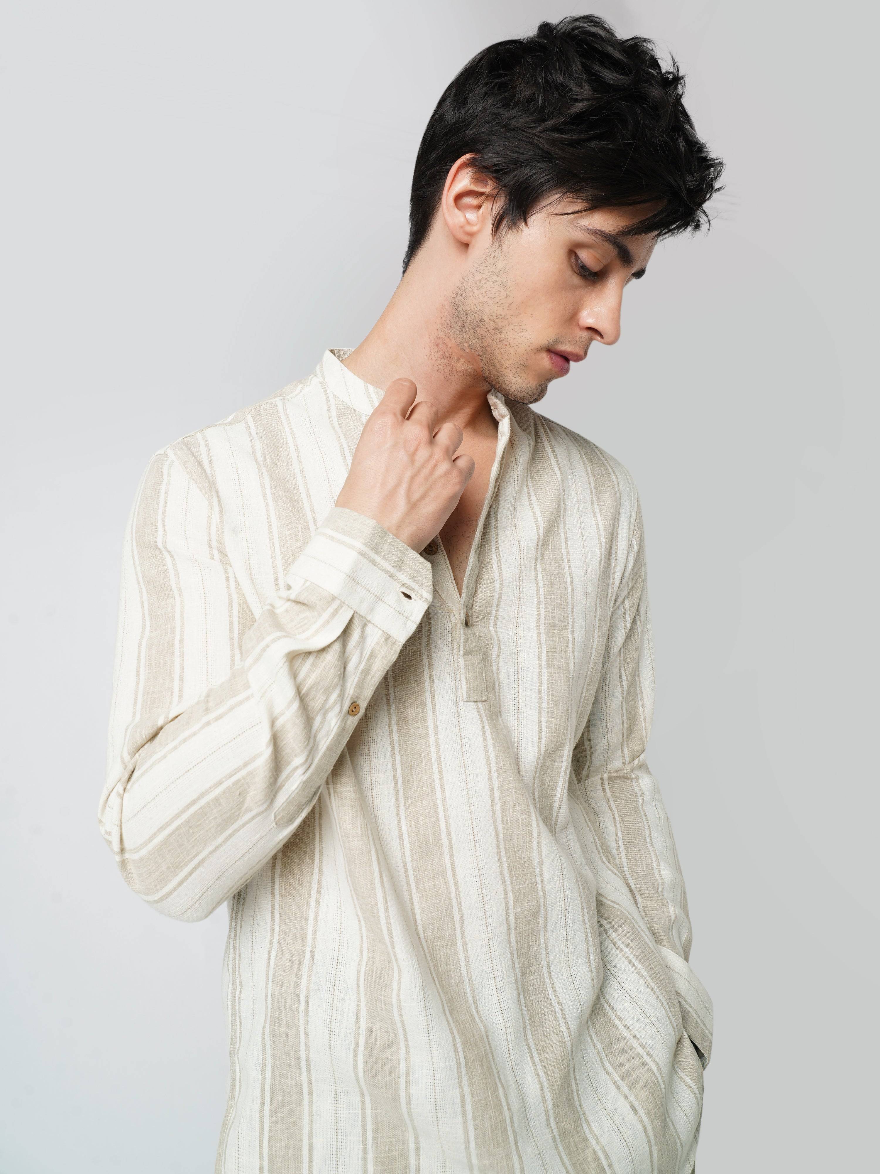 Rustic Sand Beige Vertical Striped Linen Blend Kurta Buy only at ₹759