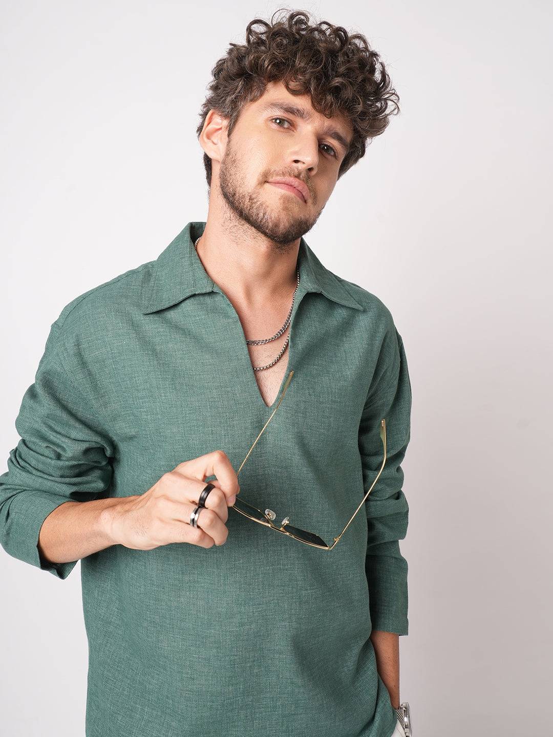 Emerald Green Chambray Oversized Polo Shirt Buy only at ₹699