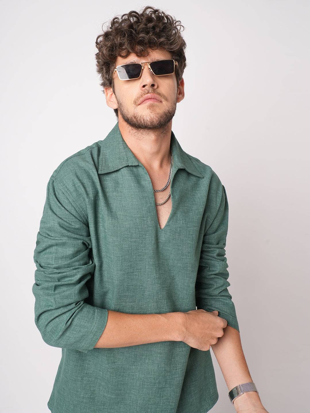 Emerald Green Chambray Oversized Polo Shirt Buy only at ₹699