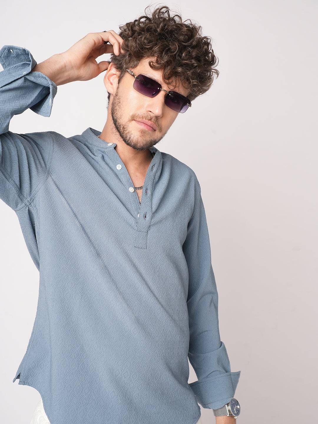 Ocean Blue Lozenge Textured Kurta Buy only at ₹699