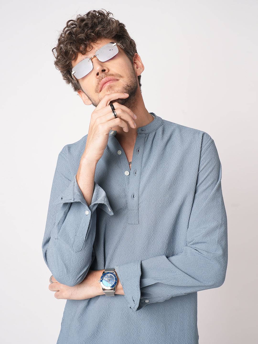 Ocean Blue Lozenge Textured Kurta Buy only at ₹699