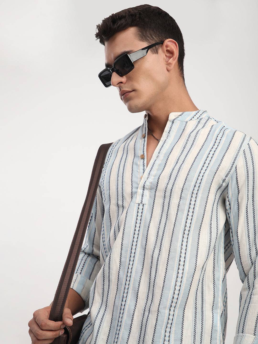 Off White & Columbia Blue Seabound Striped Kurta Buy only at ₹699