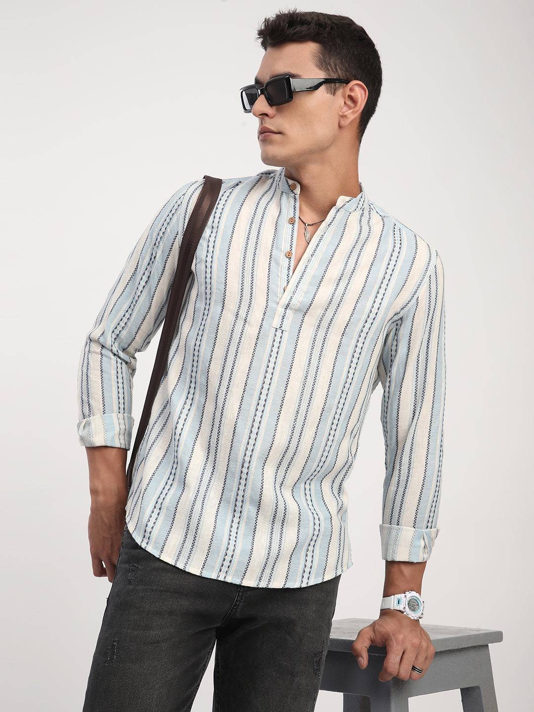 Off White & Columbia Blue Seabound Striped Kurta Buy only at ₹699