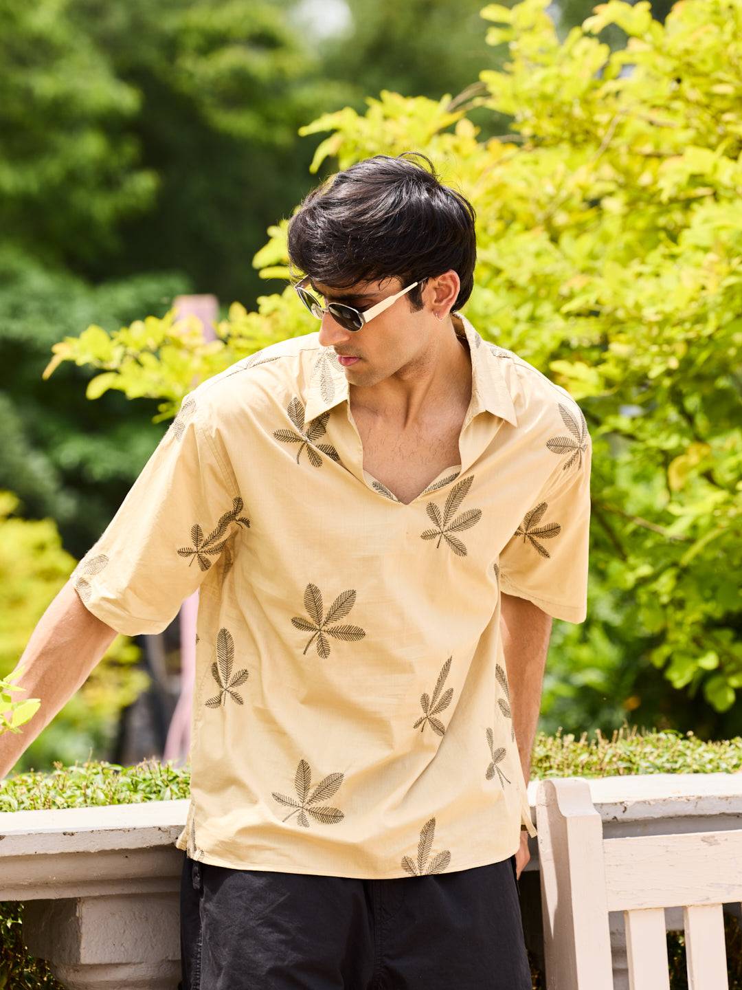 Coastal Breeze Palm Leaf Embroidered Khaki Oversized Polo Shirt Buy only at ₹759