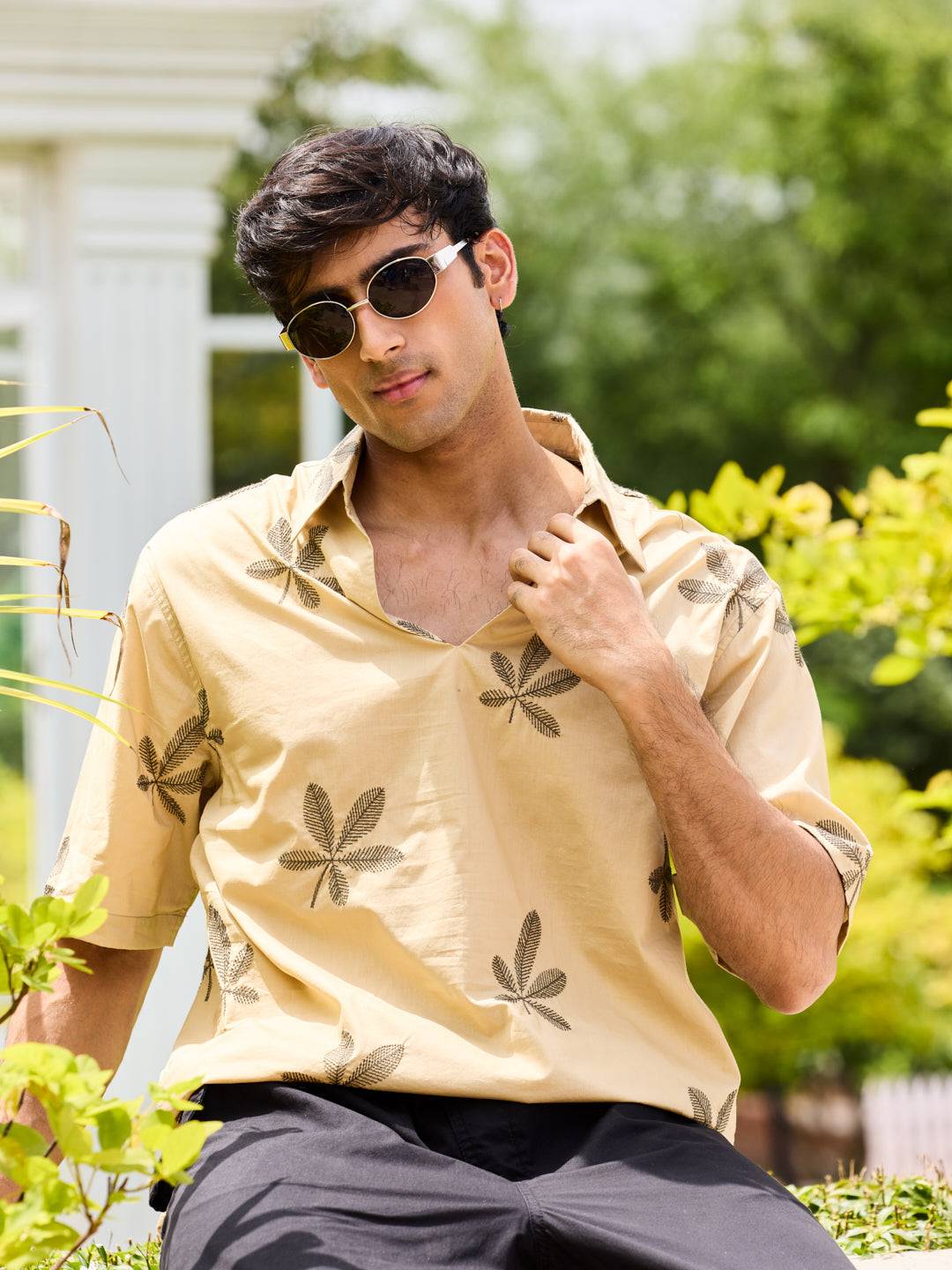 Coastal Breeze Palm Leaf Embroidered Khaki Oversized Polo Shirt Buy only at ₹759