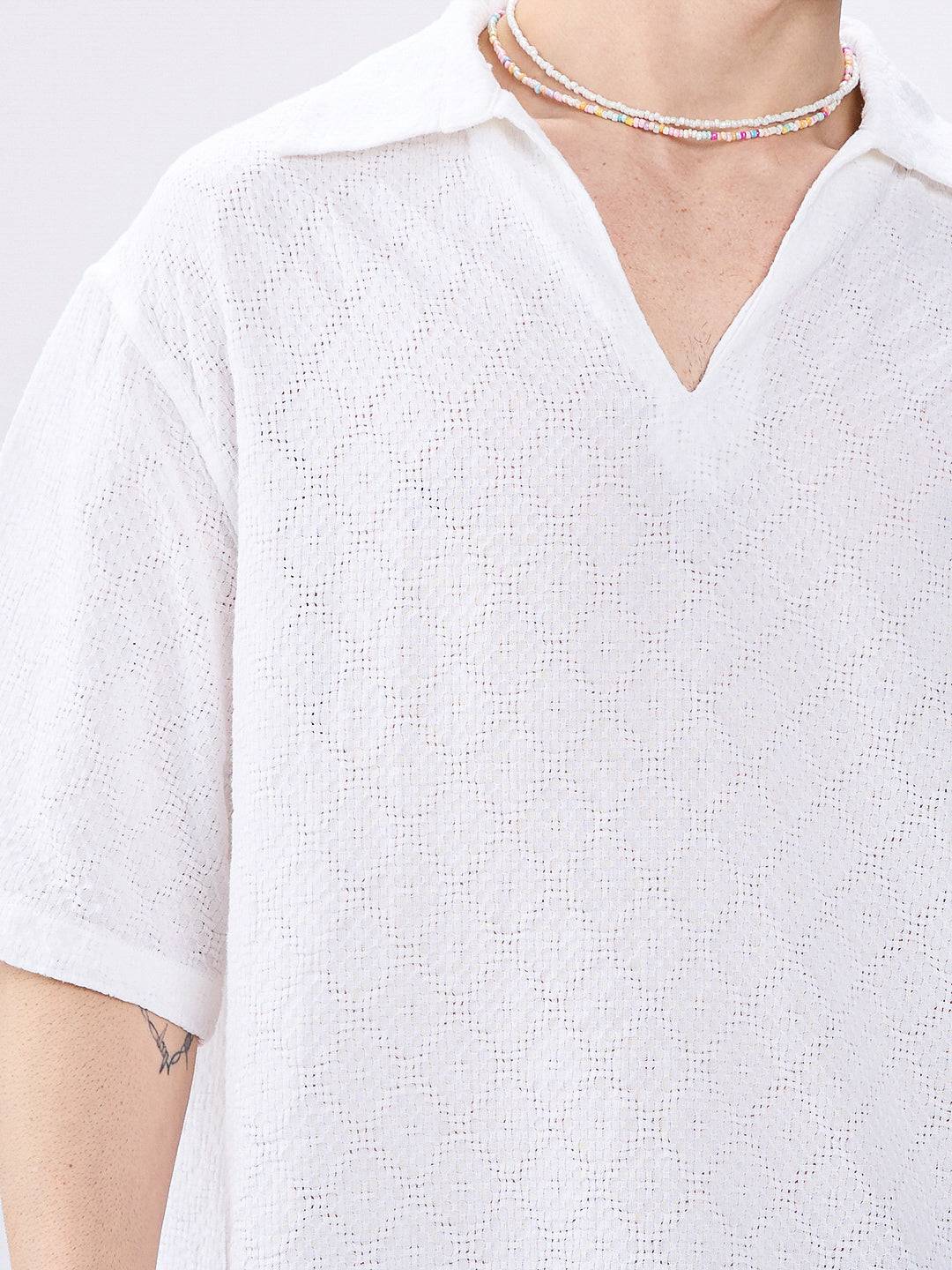 White Artisan Loop Weave Crochet Oversized Polo shirt Buy only at ₹699