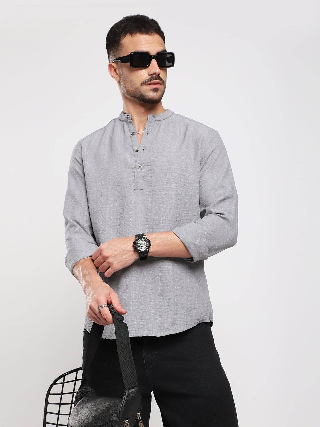 Monsoon Grey Refined Jacquard Striped Kurta Buy only at ₹759
