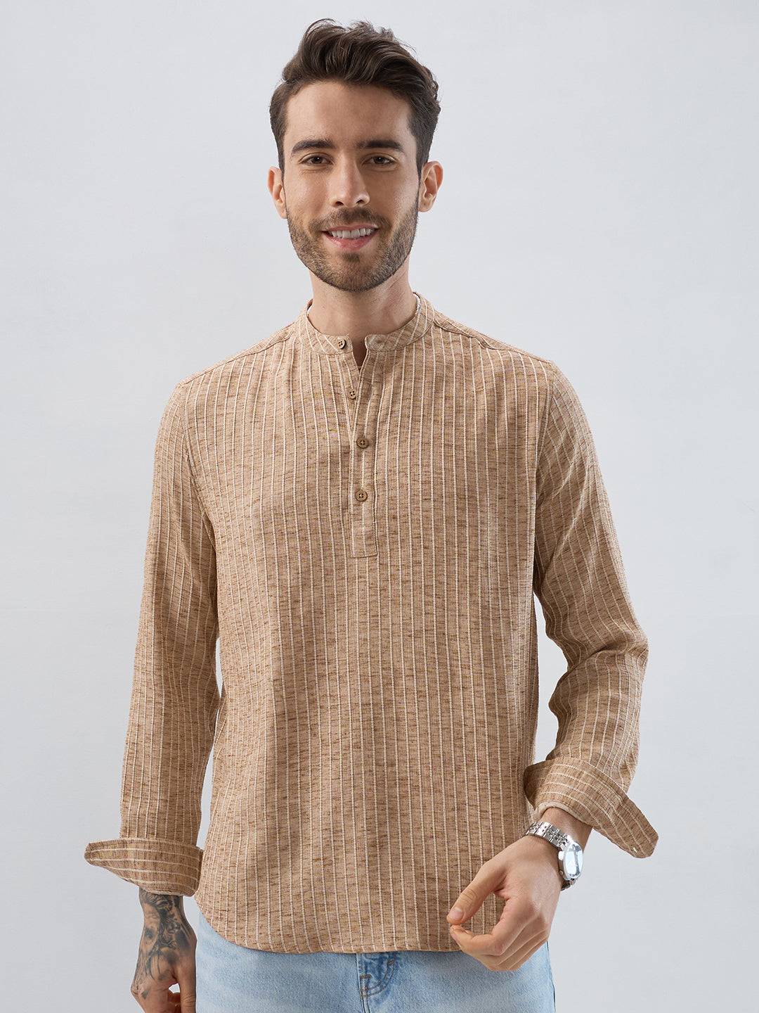 Sand Beige Textured Striped Kurta Buy only at ₹699