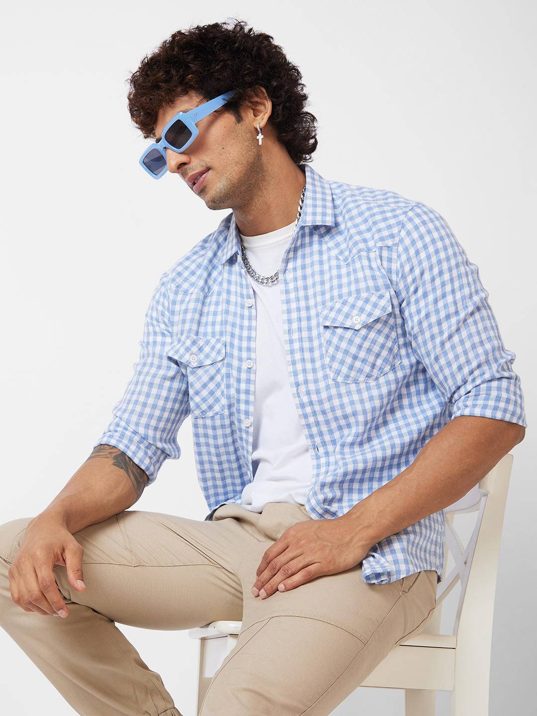 Blue & White Checkered Double Pocket Overshirt Buy only at ₹659