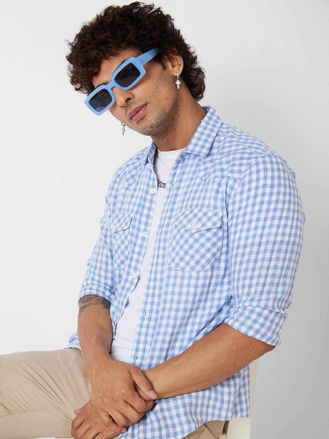 Blue & White Checkered Double Pocket Overshirt Buy only at ₹659