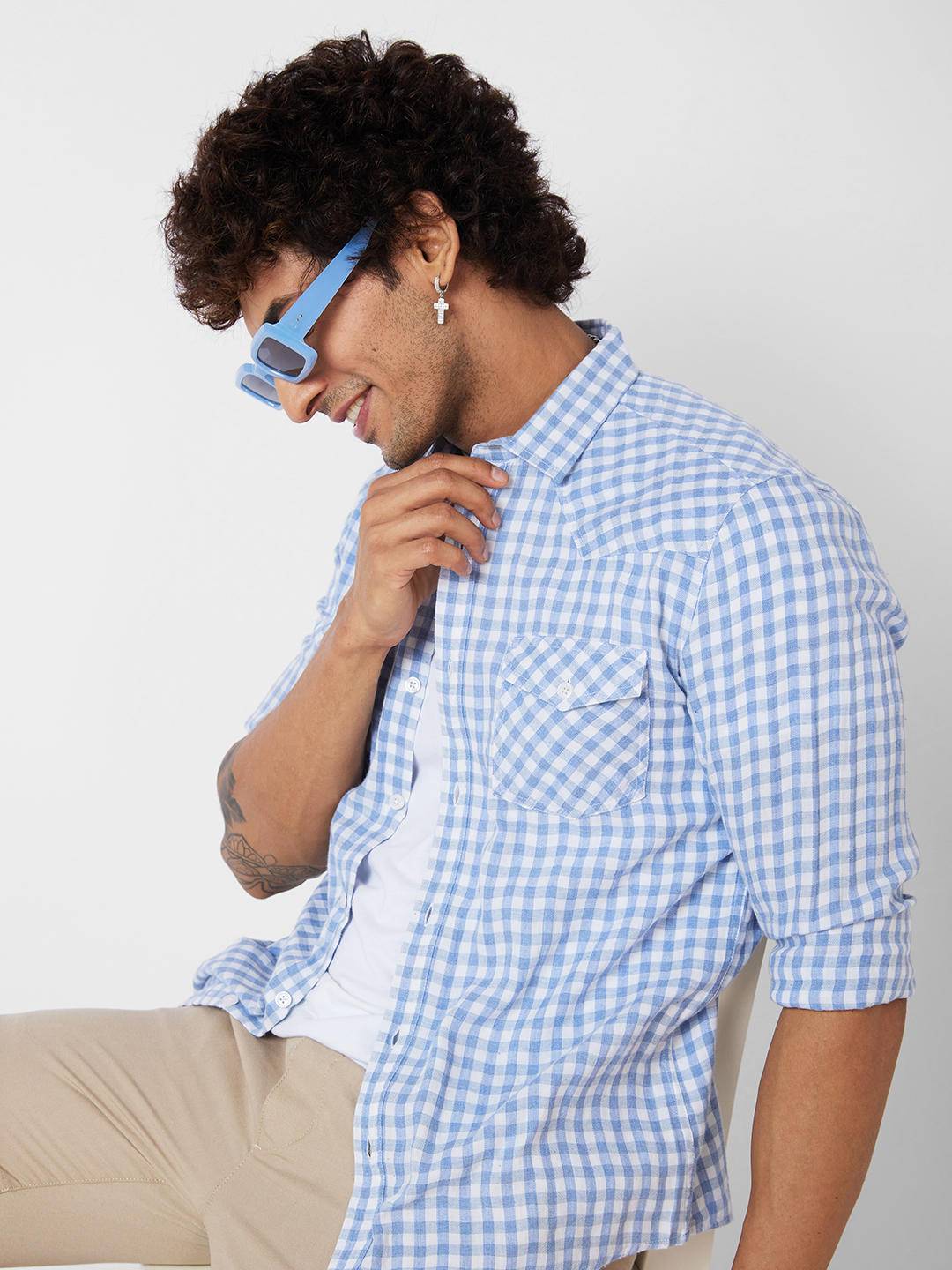 Blue & White Checkered Double Pocket Overshirt Buy only at ₹659