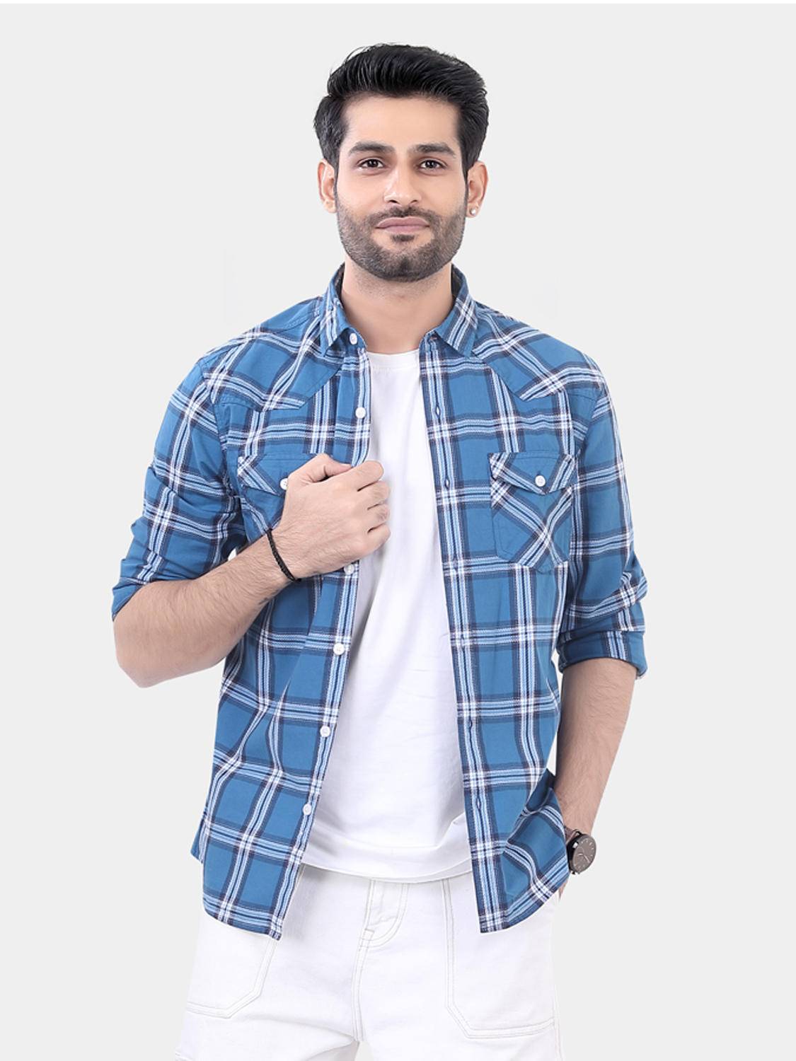 Blue Double Pocket Checkered Overshirt Buy only at ₹619