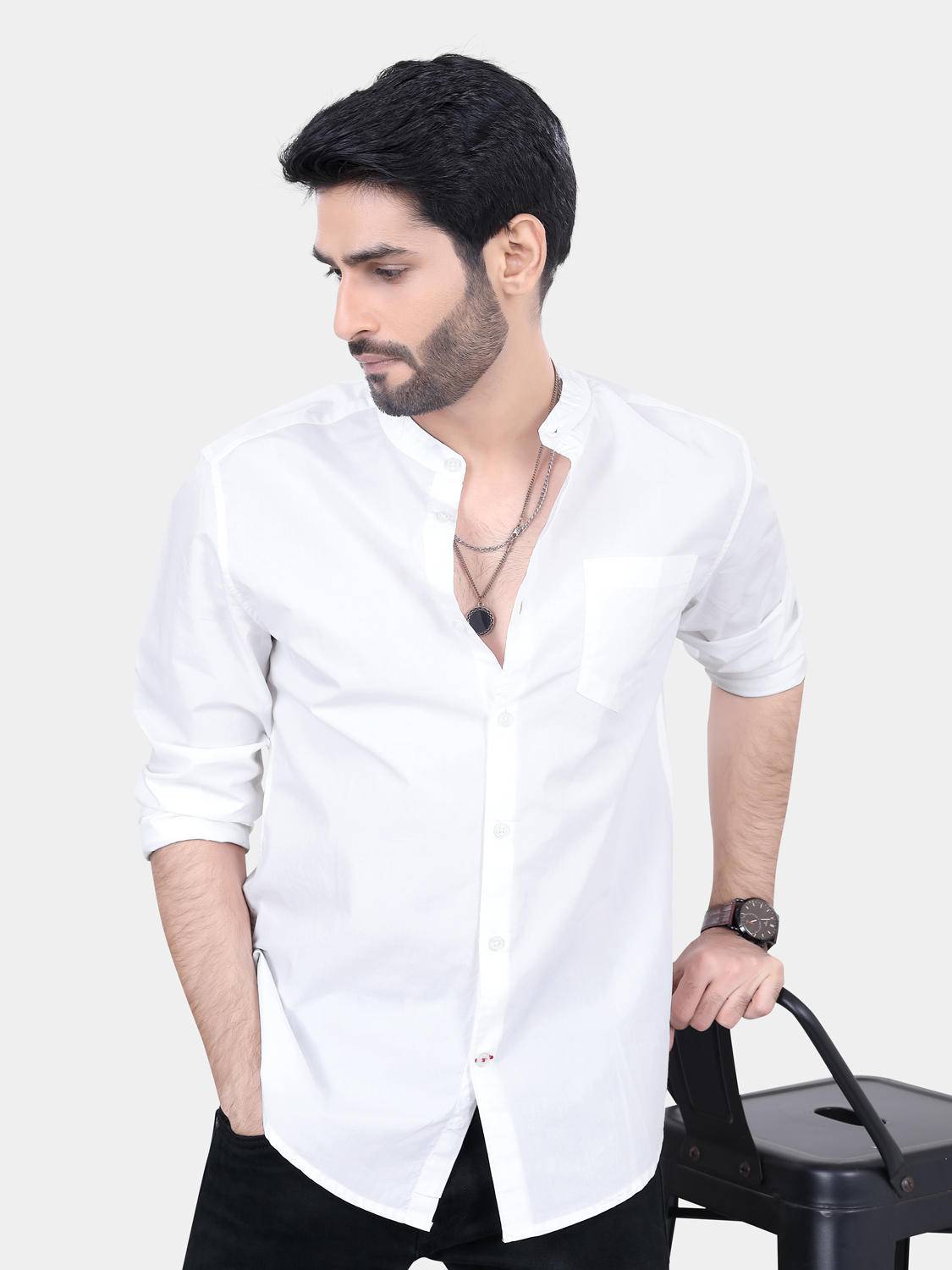 Mandarin Collar White Solid Shirt Buy only at ₹499