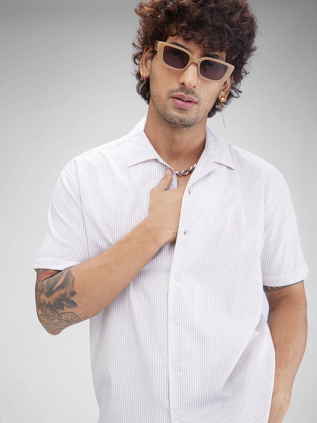 Beige Striped Oversized Resort Collar Shirt Buy only at ₹519