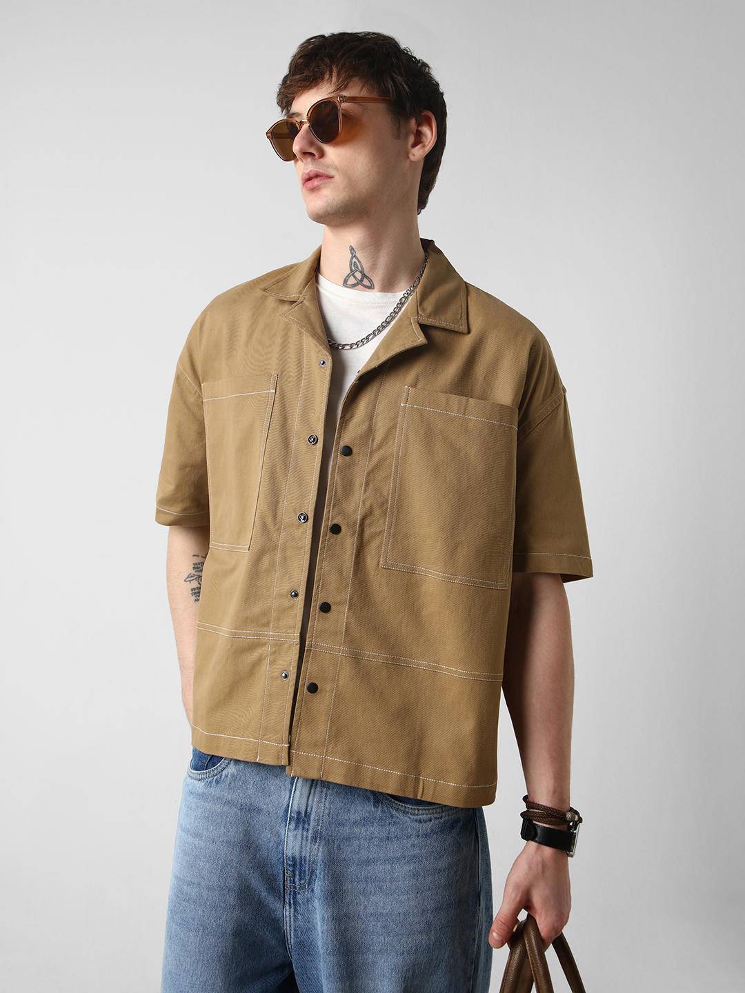 Khaki Double Pocket Oversized Cropped Shirt Buy only at ₹639