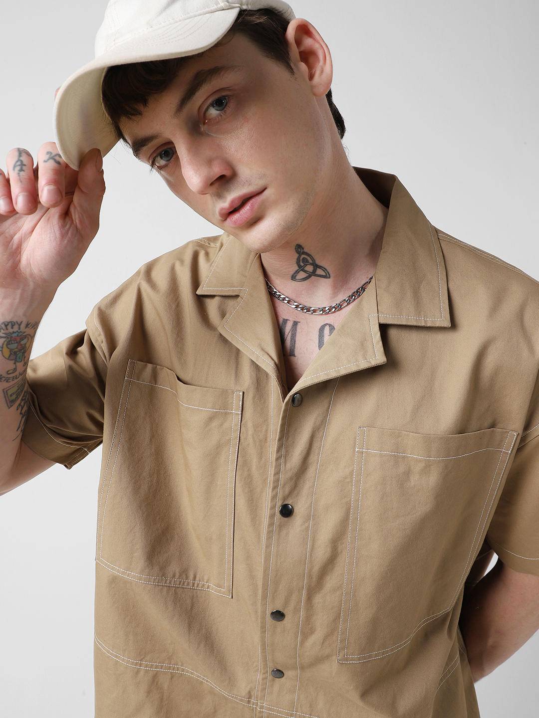 Camel Brown Double Pocket Oversized Cropped Shirt Buy only at ₹639