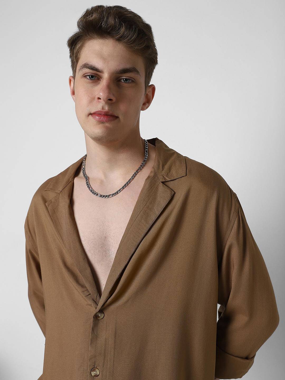 Solid Hazelnut Oversized Notched Lapel Collar Shirt Buy only at ₹449