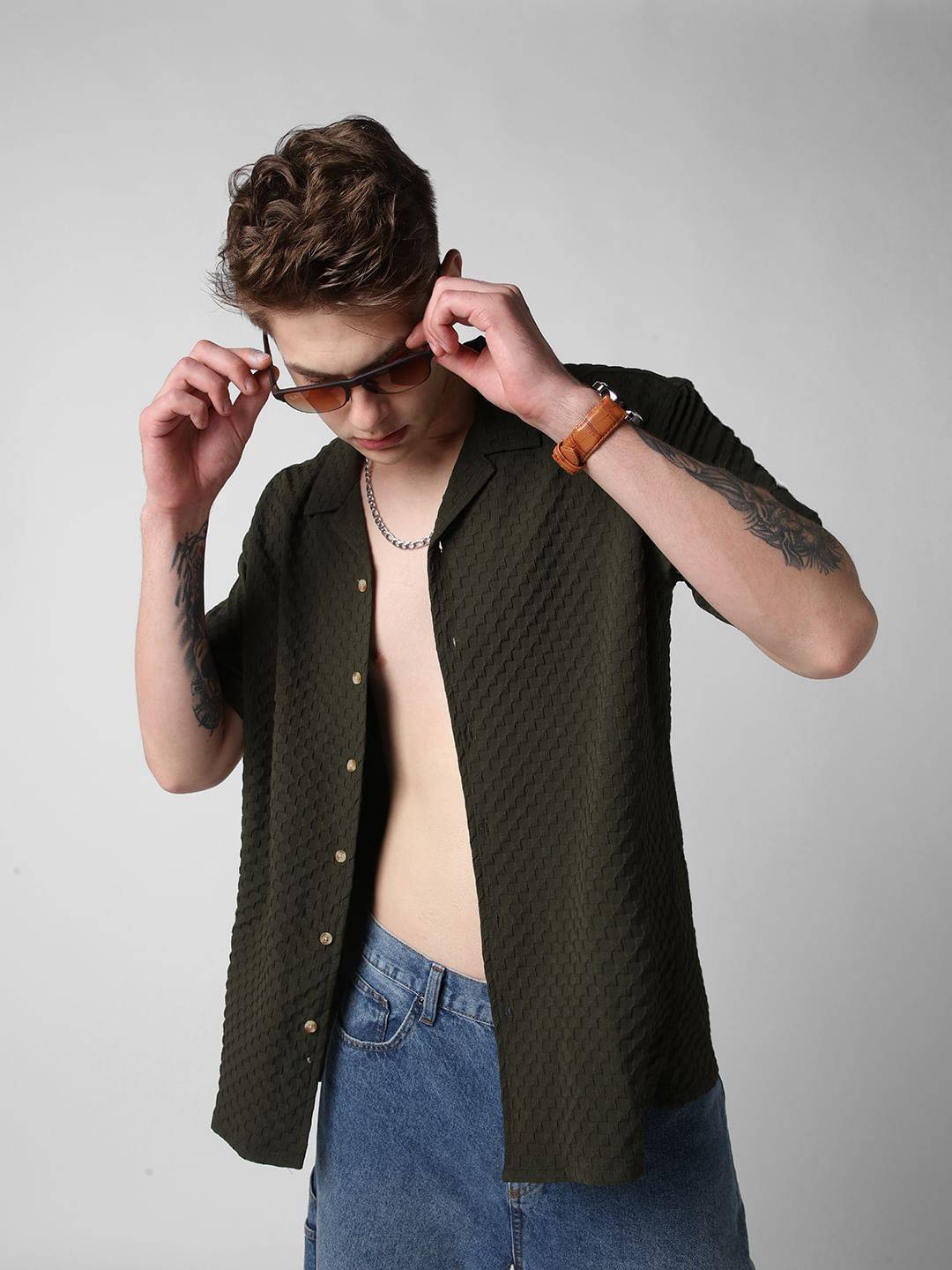 Avocado Green Embossed Patterned Oversized Shirt Buy only at ₹494