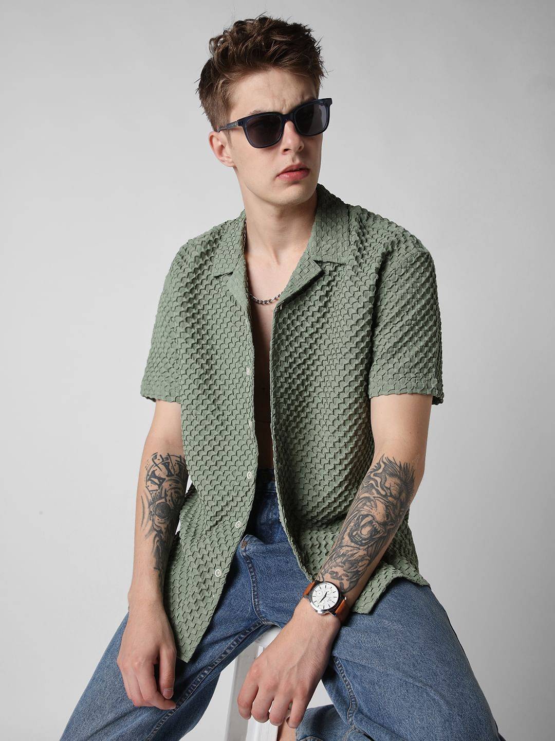 Asparagus Green Embossed Patterned Oversized Shirt Buy only at ₹494