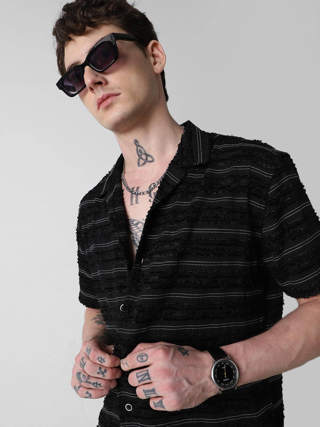 Black Even Stripe Frayed Oversized Shirt Buy only at ₹539