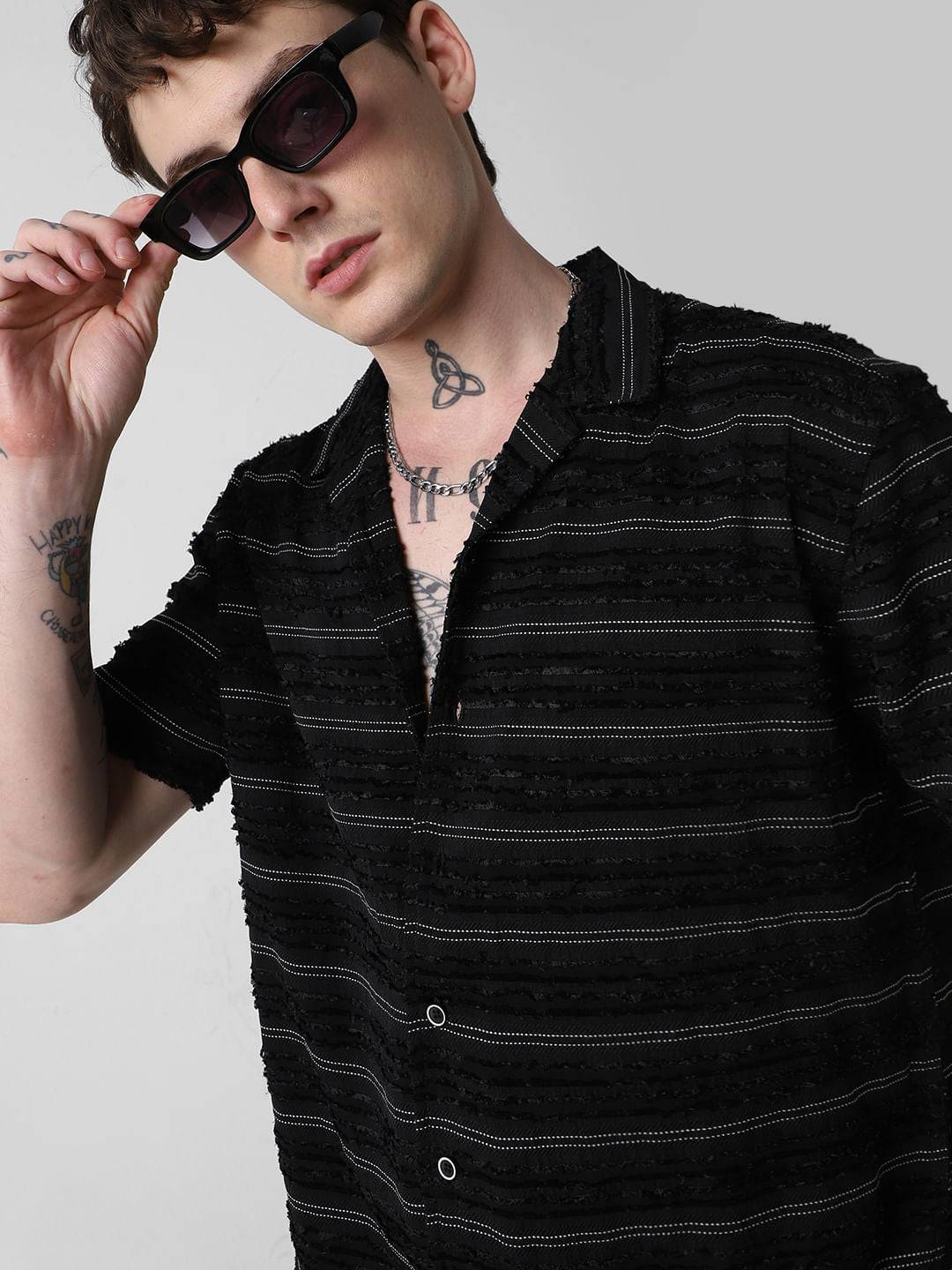 Black Even Stripe Frayed Oversized Shirt Buy only at ₹539