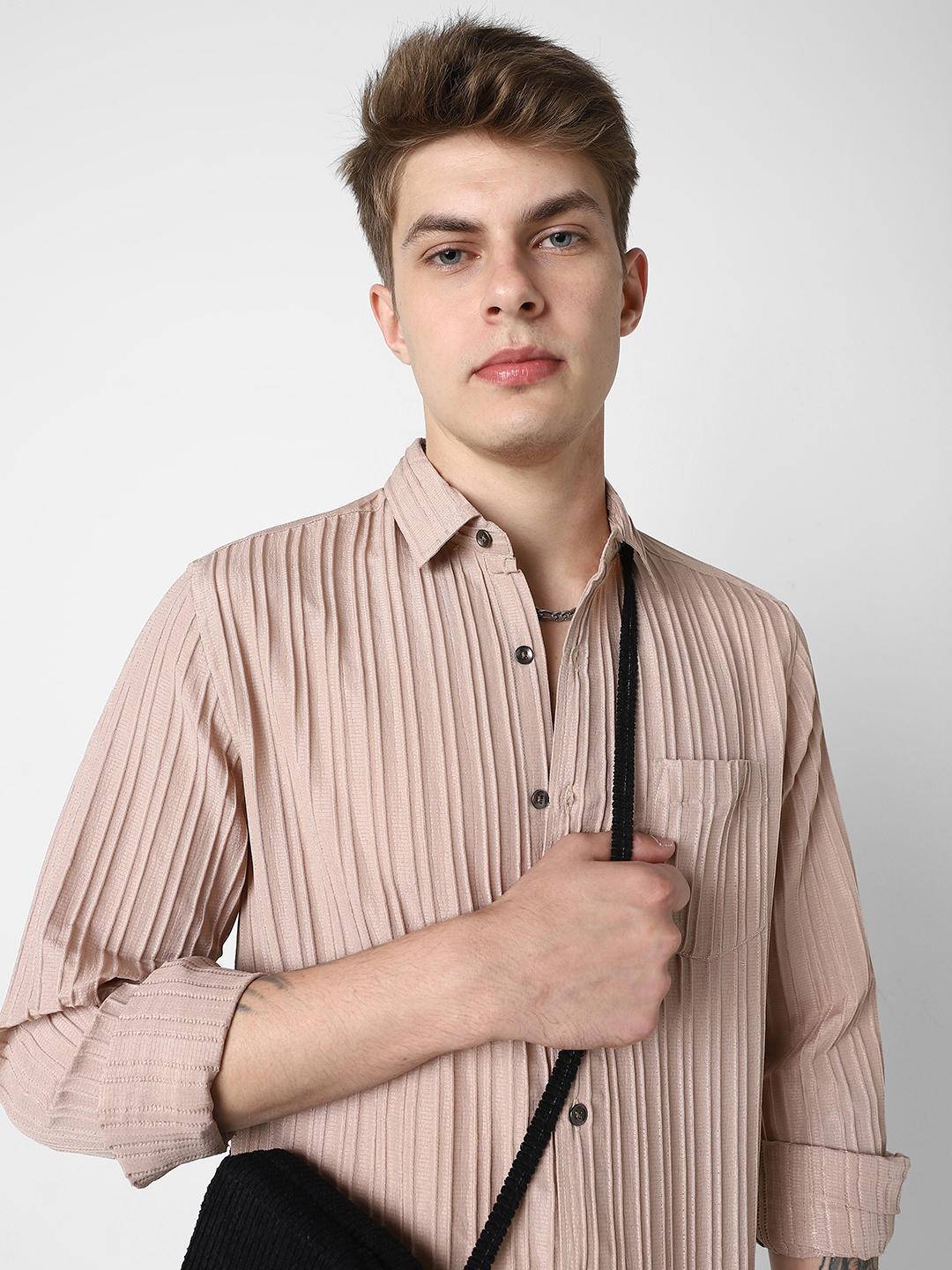 Tan Brown Line Textured Shirt Buy only at ₹449