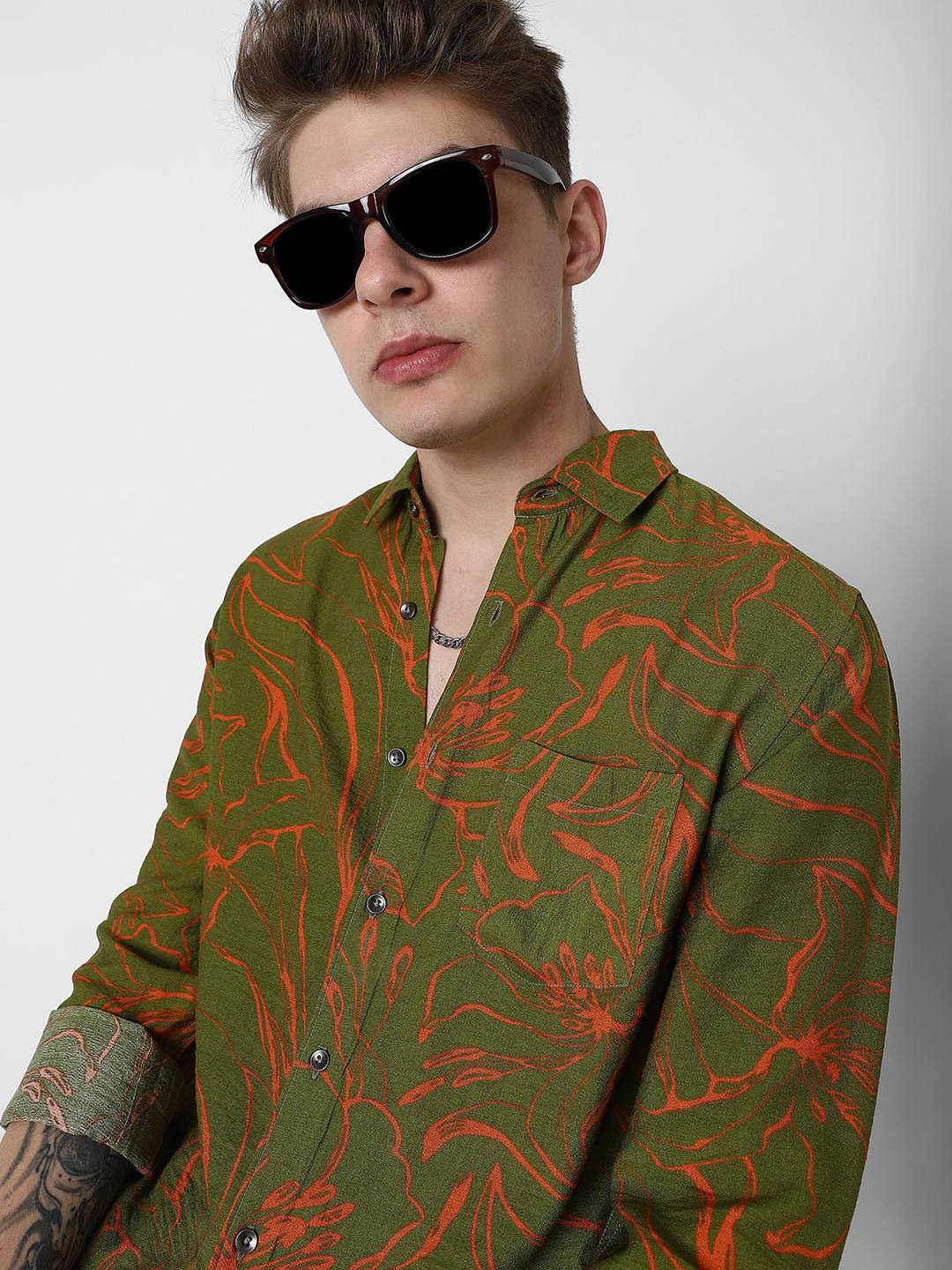 Voguish Moss Green Printed Italian Linen Shirt Buy only at ₹539