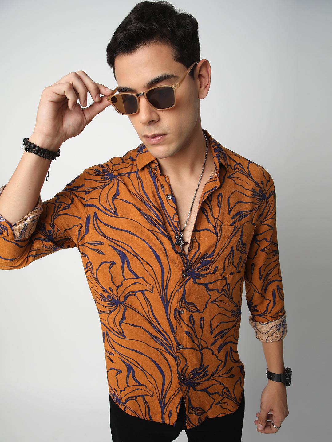 Voguish Bronze Artistic Flora Printed Italian Linen Shirt Buy only at ₹539