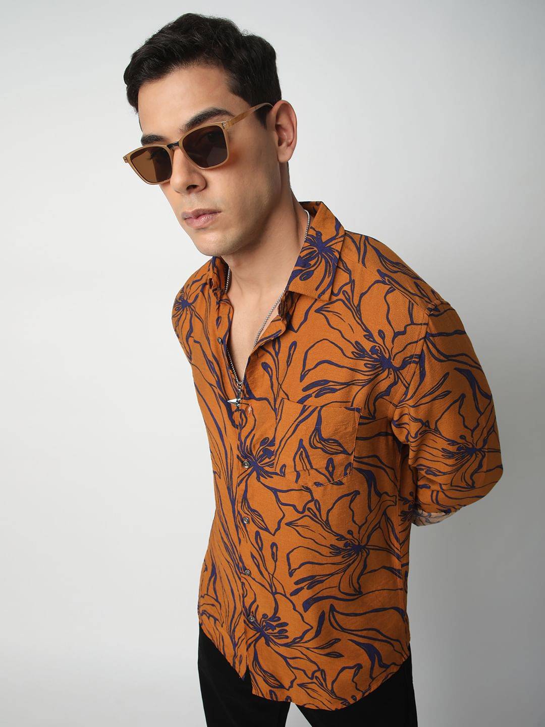 Voguish Bronze Artistic Flora Printed Italian Linen Shirt Buy only at ₹539