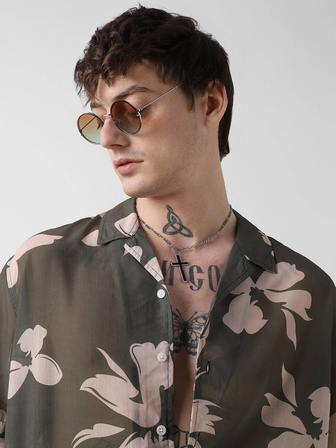 Floral Artistry Olive Oversized Chiffon Shirt Buy only at ₹599