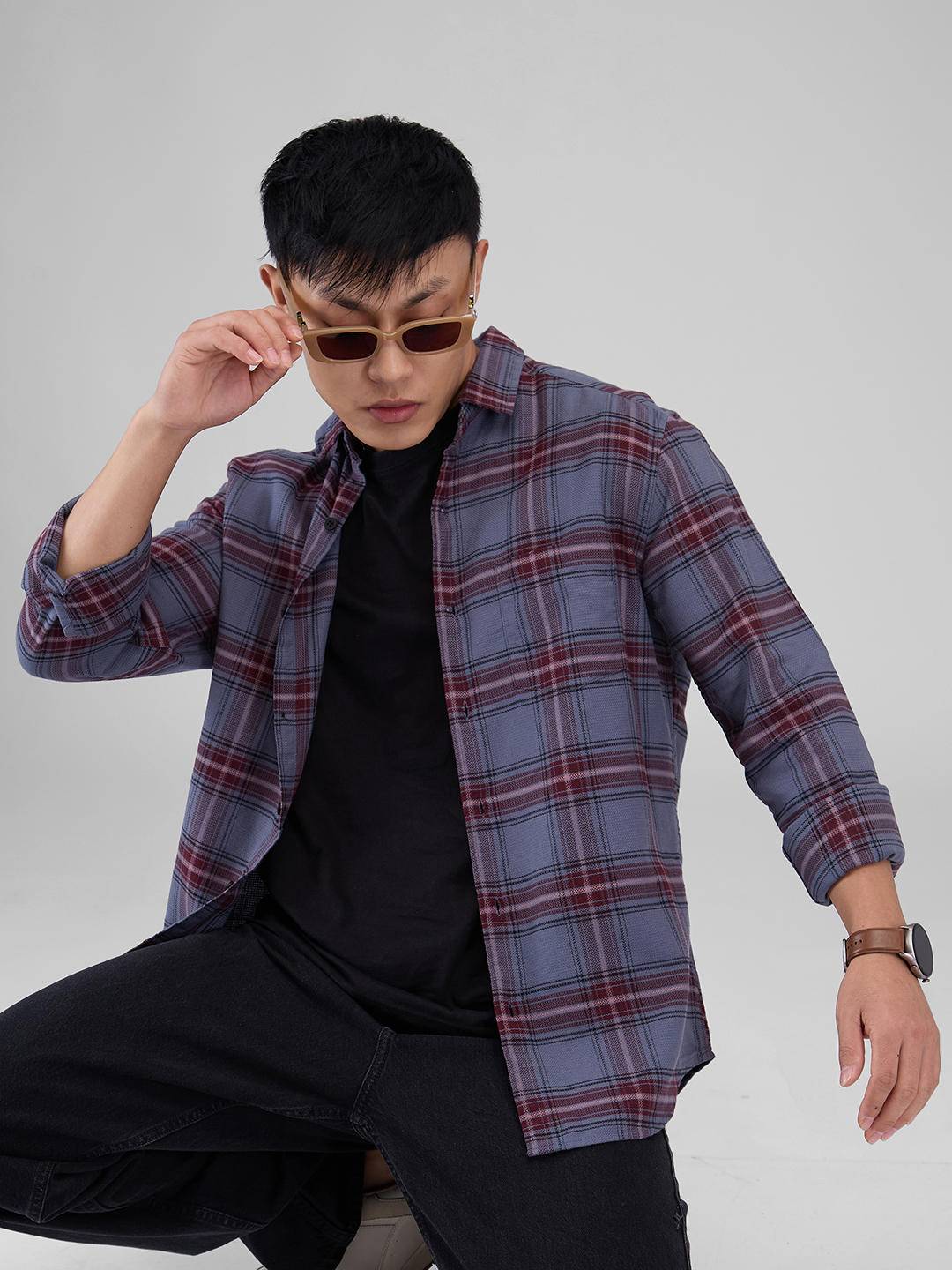 Premium Cotton Grey & Maroon Tartan Checkered Shirt Buy only at ₹570