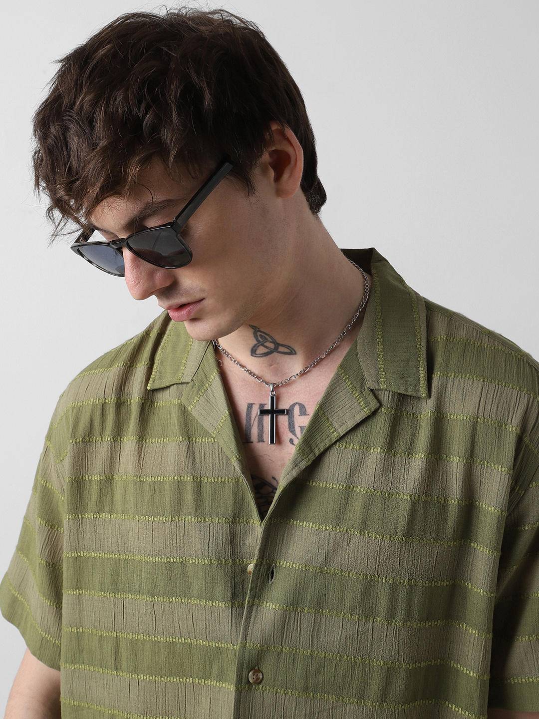 Olive Dobby Striped Notch Collar Oversized Shirt Buy only at ₹494