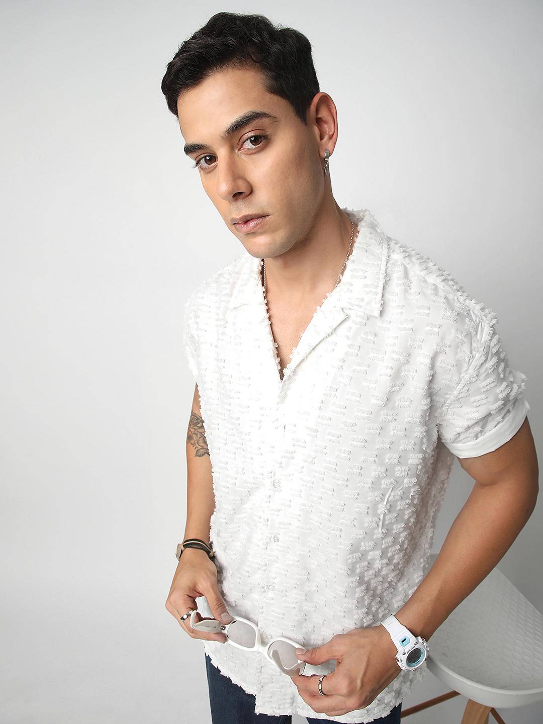 Snow White Jacquard Tufts Notch Collar Oversized Shirt Buy only at ₹570