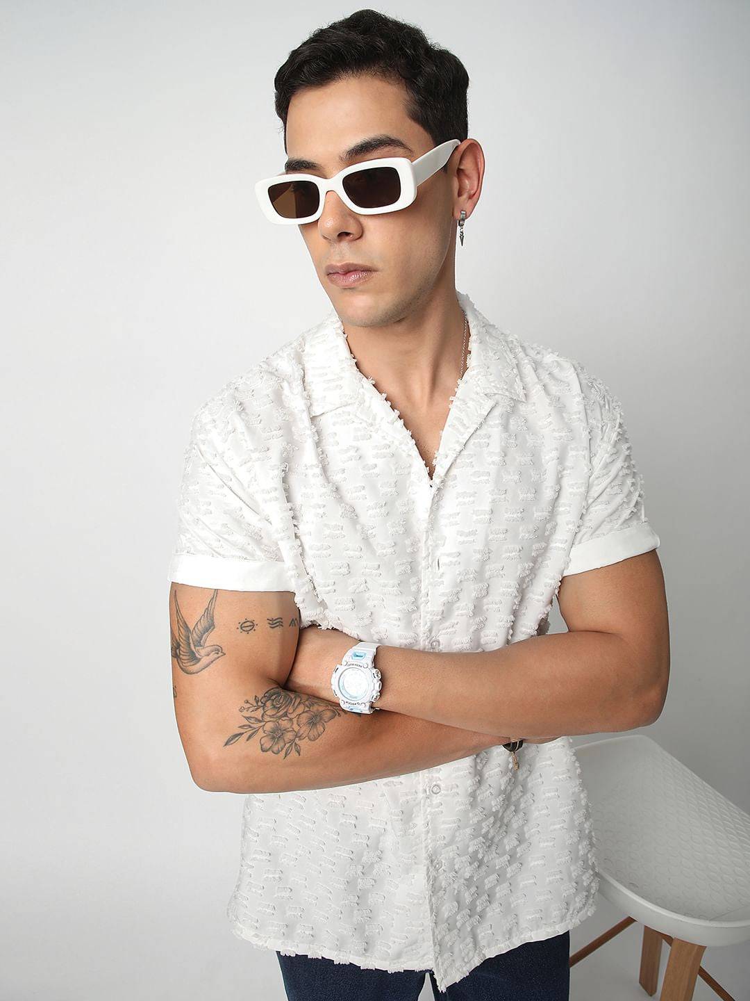 Snow White Jacquard Tufts Notch Collar Oversized Shirt Buy only at ₹570