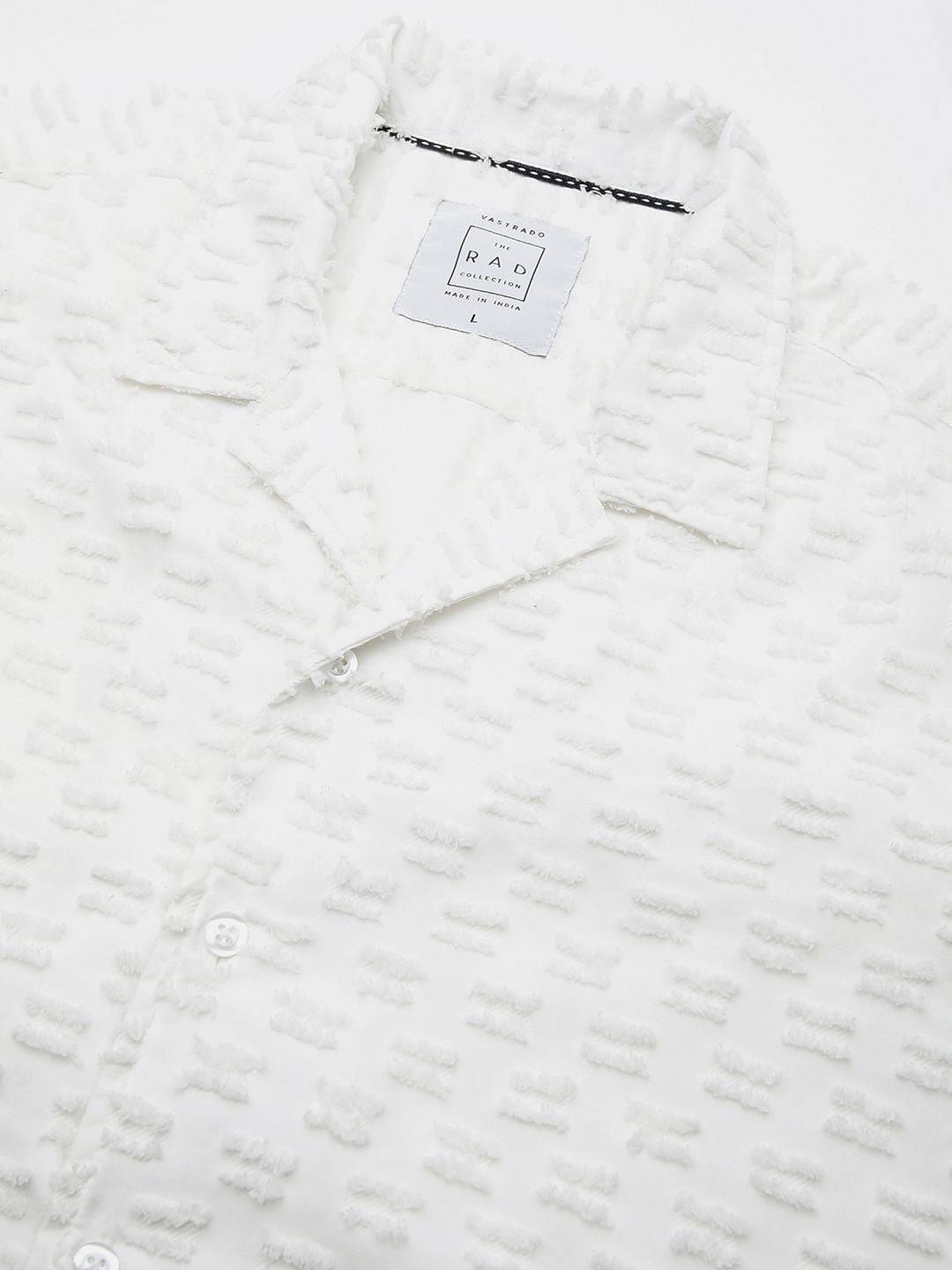 Snow White Jacquard Tufts Notch Collar Oversized Shirt Buy only at ₹570