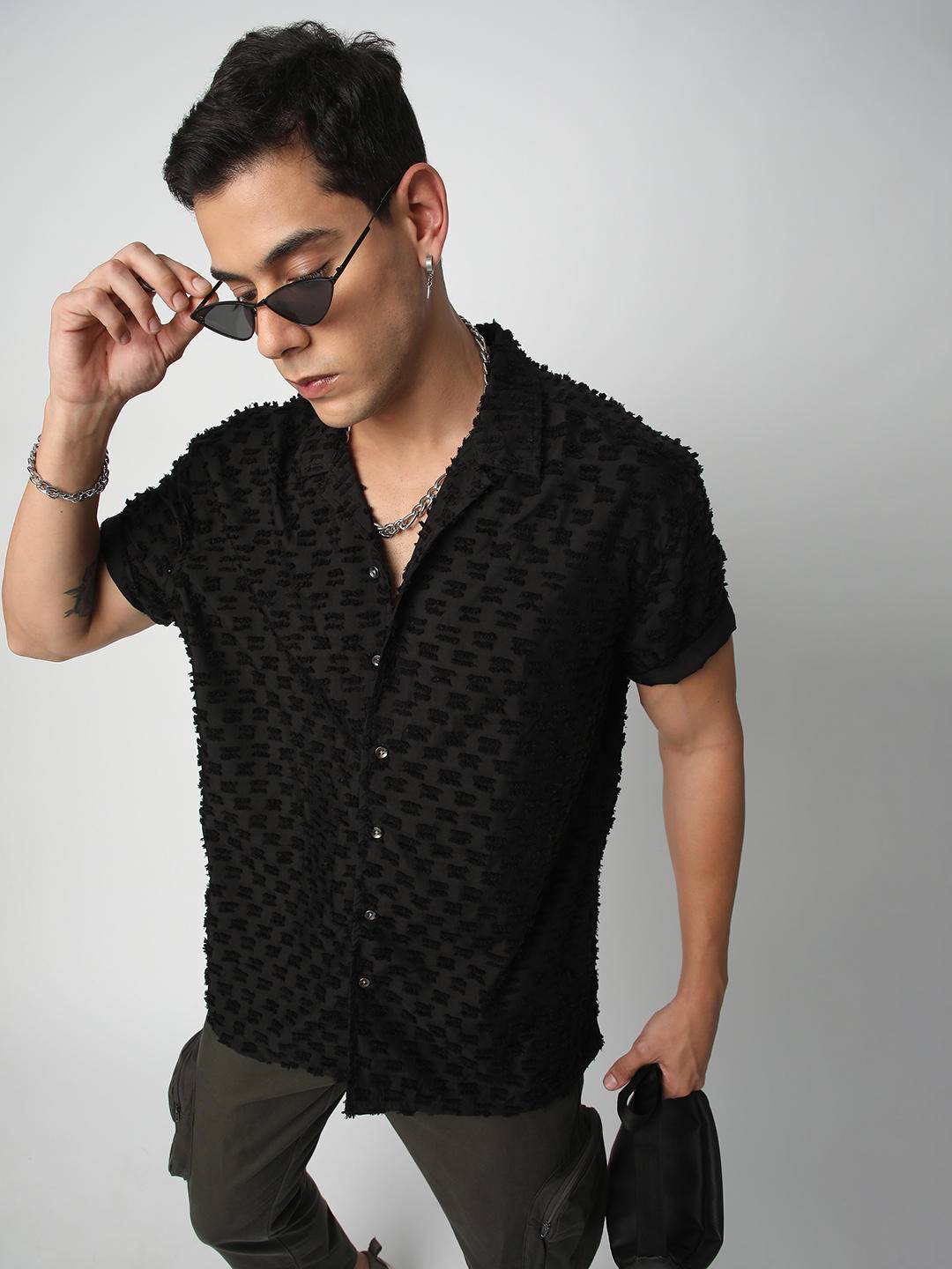 Black Jacquard Tufts Notch Collar Oversized Shirt Buy only at ₹570