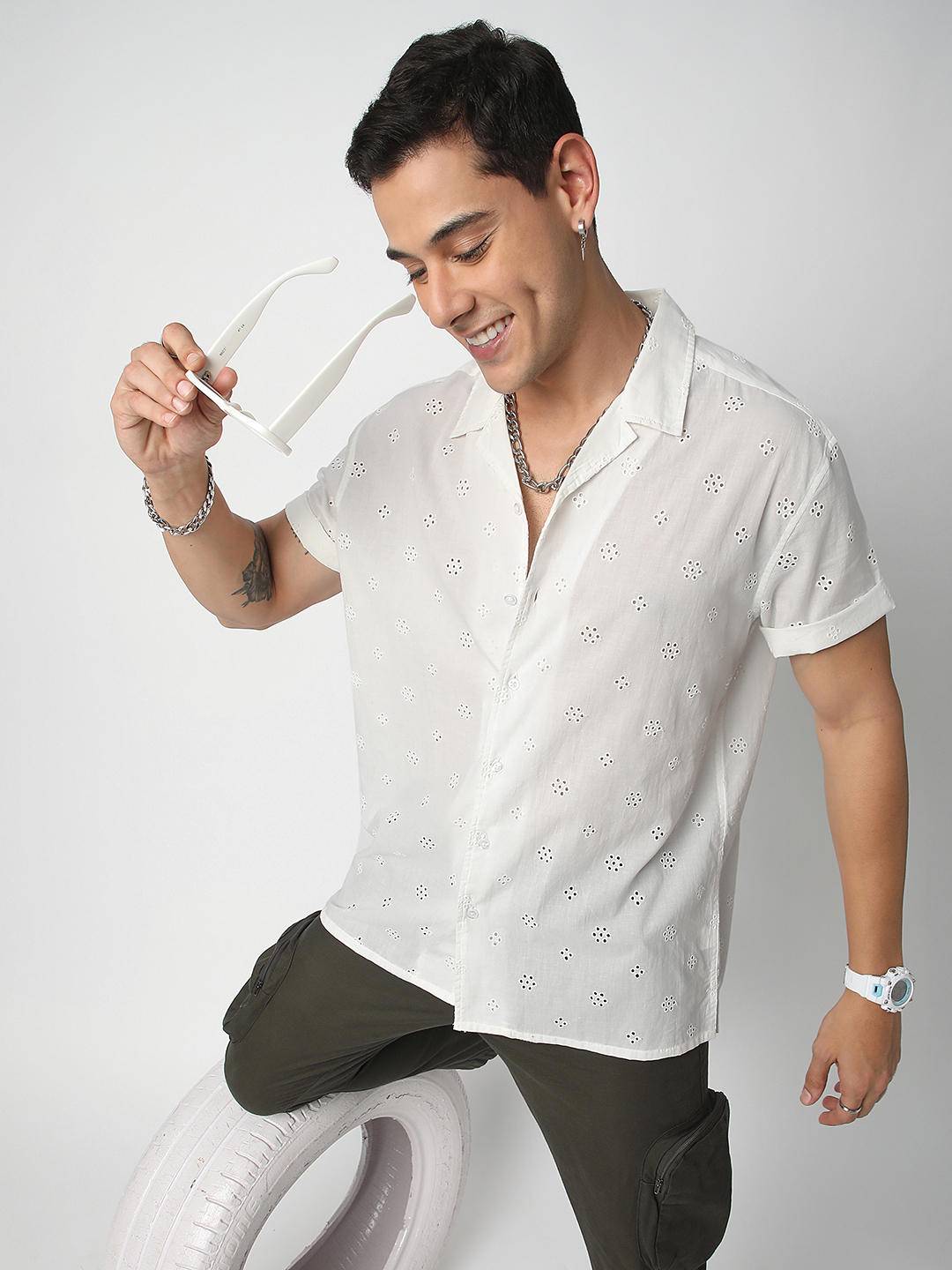 White Schiffli Oversized Notch Collar Shirt Buy only at ₹659